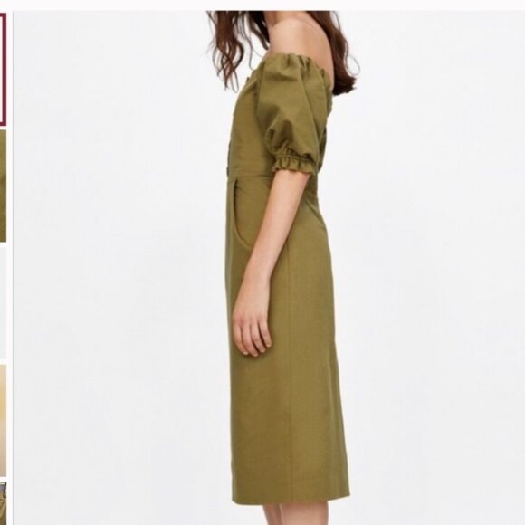Zara olive green off shoulder midi dress size S - Picture 3 of 8